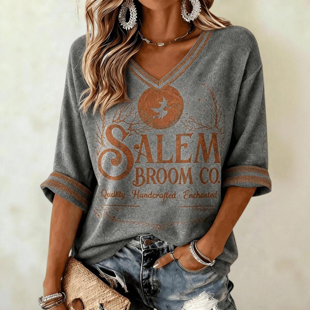 Women's Halloween Printed Neck T-Shirt Casual Fashion Short Sleeve Top
