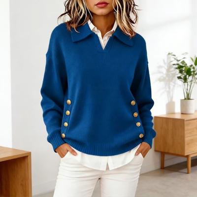 Women Sweater Lapel Long Sleeve Loose Fit Solid Color Knitting Tops with Buttons Pockets Autumn Winter Pullover Tops