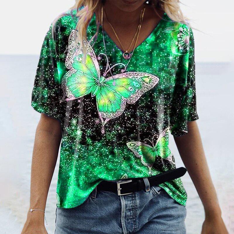Summer Loose Women's T-Shirts Casual Short Sleeve V-Neck Butterfly Print Tee Shirt Femme Plus Size Lady Tops