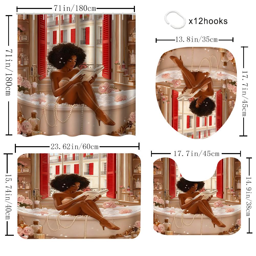 1/4 Badewannenmädchen Druck Duschvorhänge, WC-Sitz Dekoration, Duschvorhang mit Teppich und WC-Deckel, 70,8x70,8 Zoll