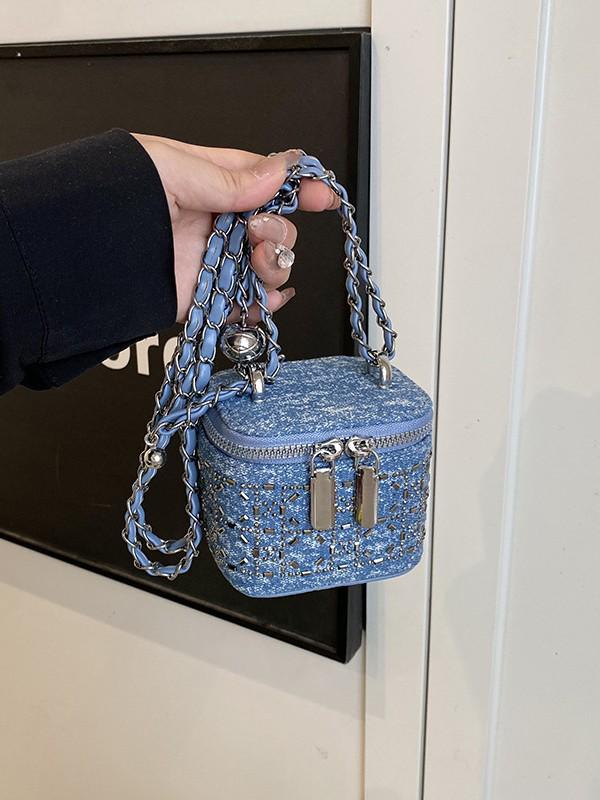 Mini-Umhängetasche im Denim-Stil für Kinder & Frauen – Trendige Schultertasche mit Strass-Akzenten
