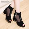 Feiern Sie 2025 Peep Toe Damen Sandalen Stiefel Damen PU Leder Sommer Mesh Schwarz Pumps Schuhe Sexy Niedrige Absätze Sandalias De Mujer