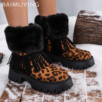 Leoparden Fransen Damen Plateau Schnee Stiefeletten Wildleder Fell Mittelhohe Absätze Schuhe Kurzer Plüsch Winterstiefel 2025 Trend Warm Botas Mujer