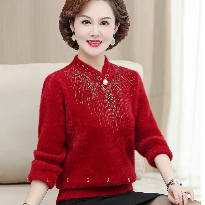 Mother's Clothing Autumn and Winter Mink Plush Sweater Middle-aged Women's Warm Top Middle-aged and Old Women's Bottom Shirt