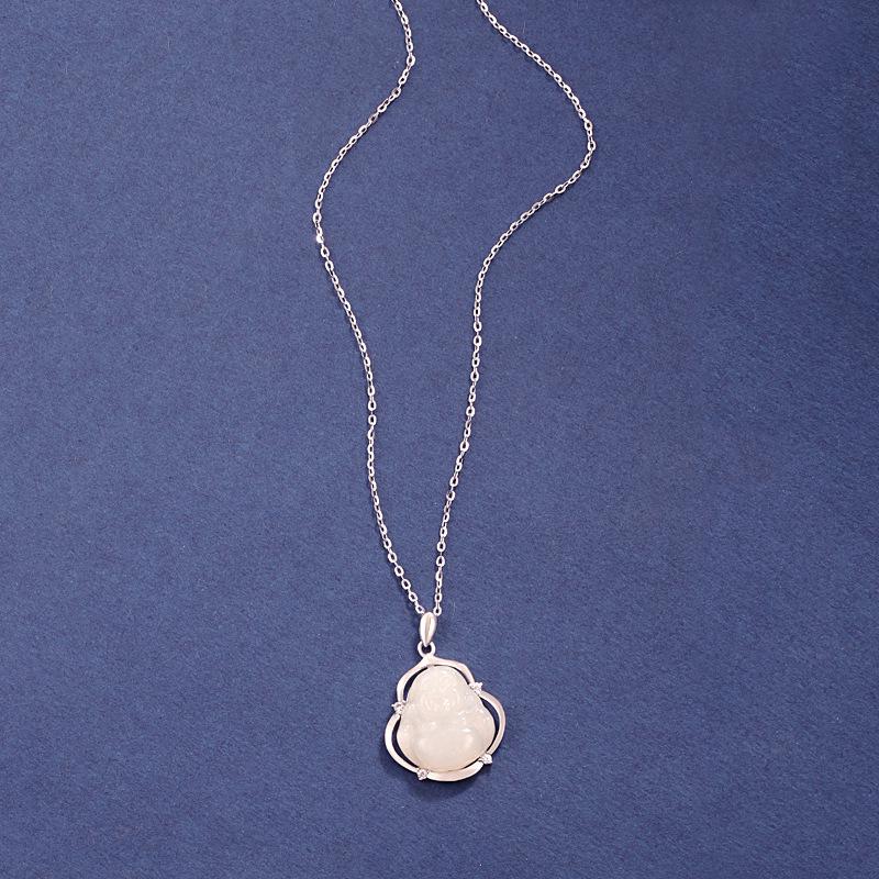 S925 Sterling Silver Hetian Jade Maitreya Buddha Pendant Necklace - Women's Ancient Chinese Style Clavicle Chain Gift