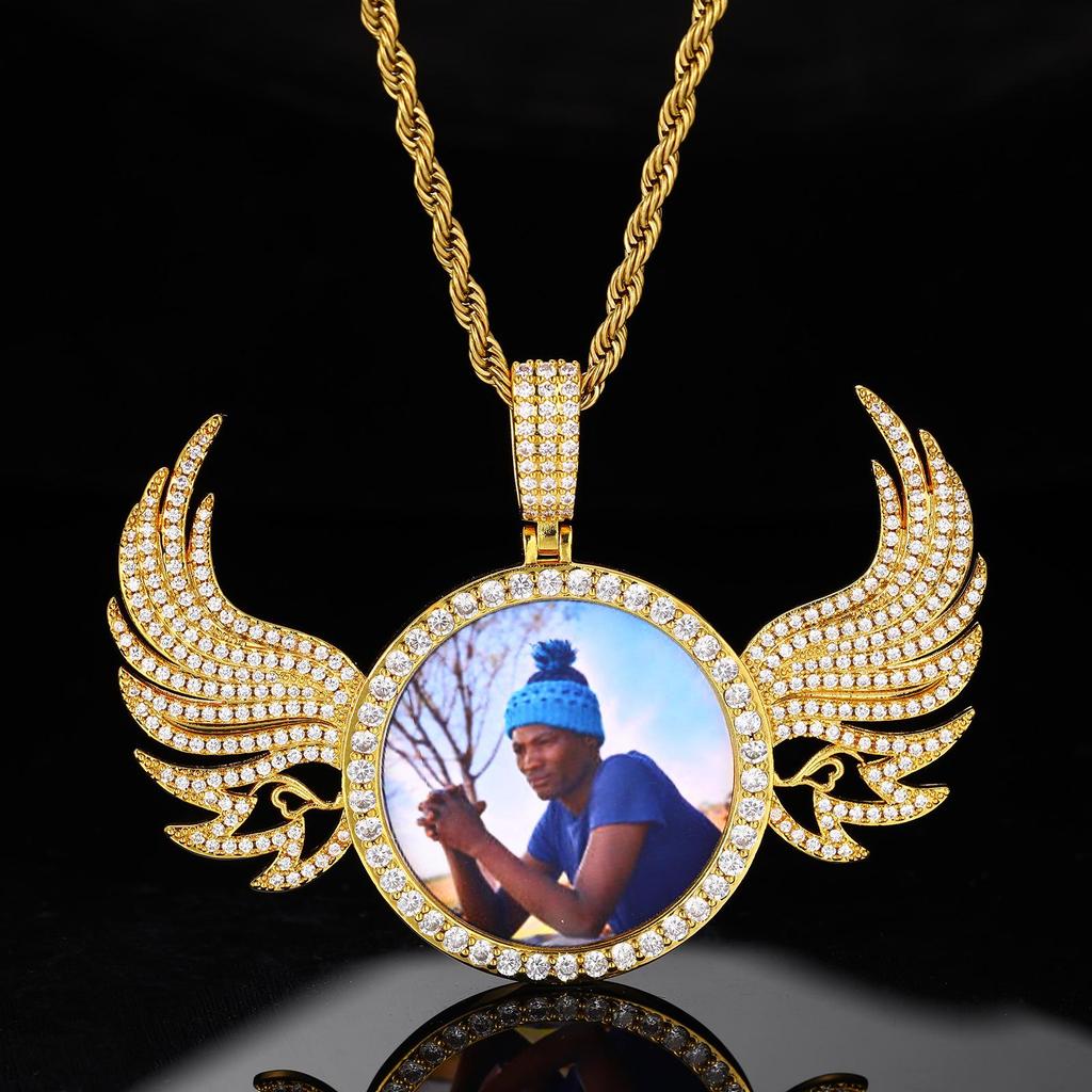 European & American Hip Hop Zircon Wing Photo Frame Pendant Necklace