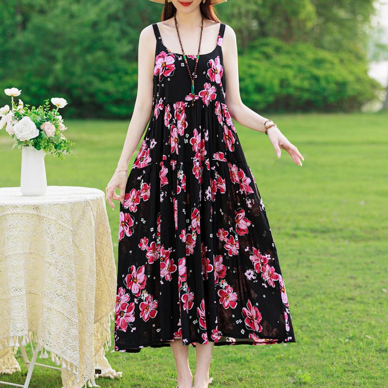 Elegant Sling Dress for Women Plus Size Casual Summer Long Dress Vintage Middle-aged Women's Clothing