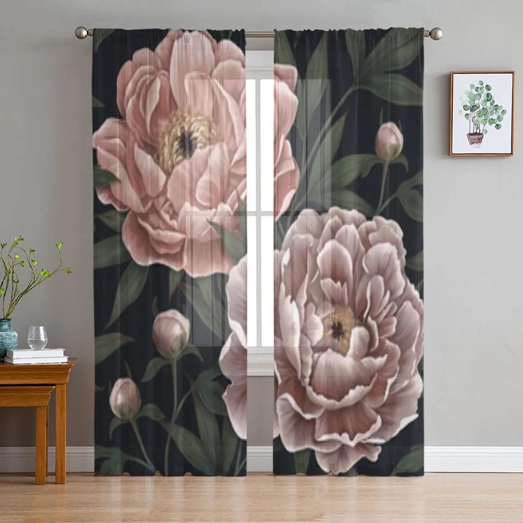 Botanische Pfingstrosen Vintage Tüll Fenstervorhang für Wohnzimmer Schlafzimmer Voile Gardinen Küchenbehandlungen Vorhänge