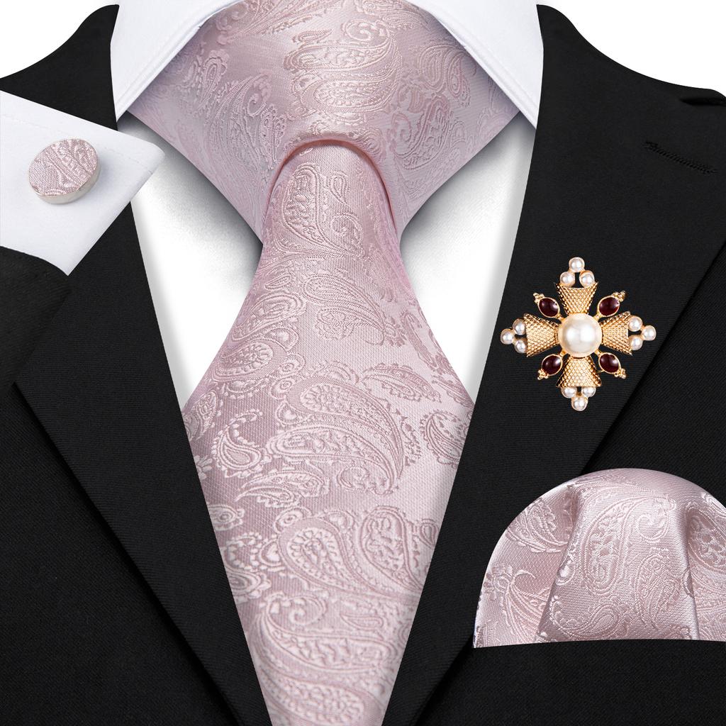 Pearl Brooch with Silk Tie for Men Vintage Floral Teal Necktie Hanky Cufflinks Gift Formal Set