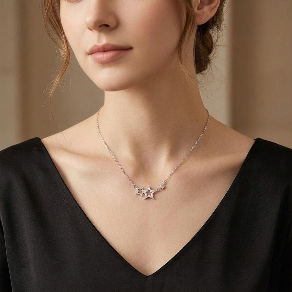 Inlaid Zircon Clavicle Chain Silver Choker Necklaces Fashion Accessory Star Pendant  Women Jewelry