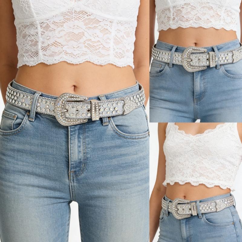 Elegant Rhinestones Belt For Women PU Leather Waistband With Adjustable Length And Sparkling Design