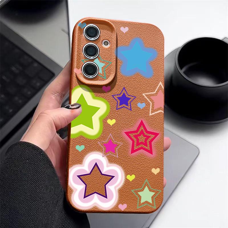 Blended Colorful Stars Pattern Case For Samsung Galaxy S26 Ultra S25 Edge S24 S23 S22 Plus S21 FE Leather Texture Silicone Cover