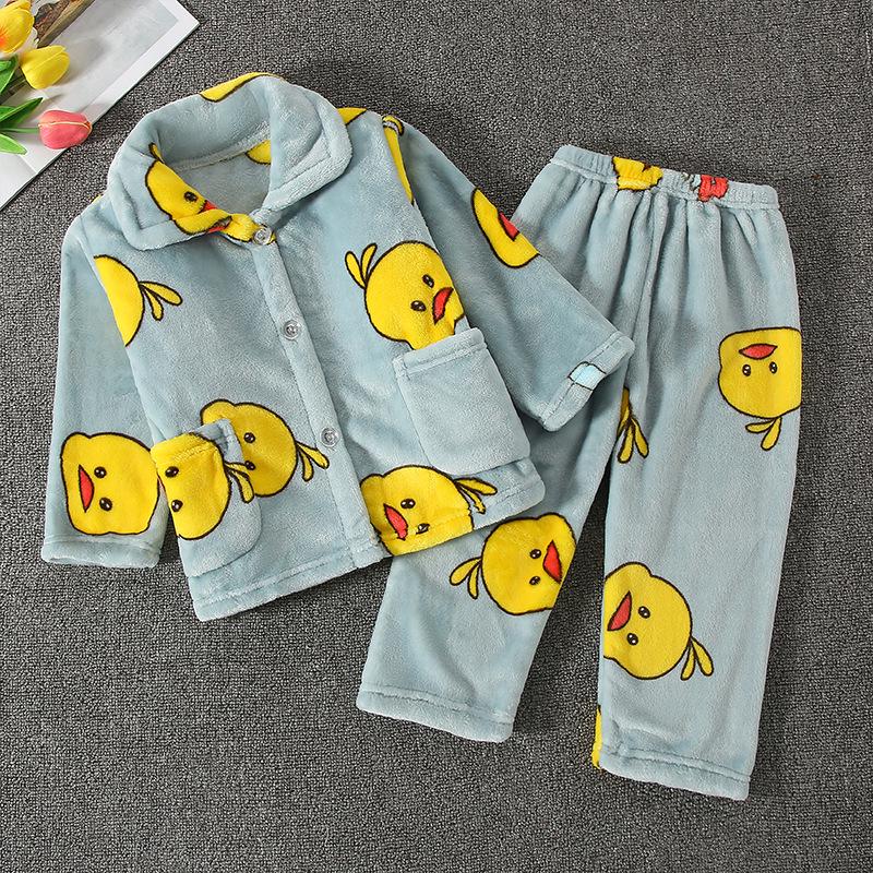 Kids' Flannel Pajama Set - Thick Coral Fleece Cardigan for Boys & Girls, Perfect for Autumn & Winter.