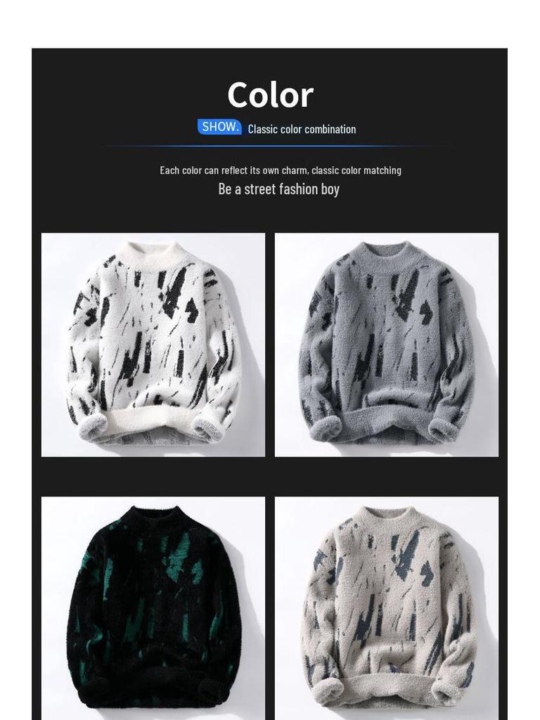 Men's Graffiti Print Semi-High Neck Thick Sweater Knitwear