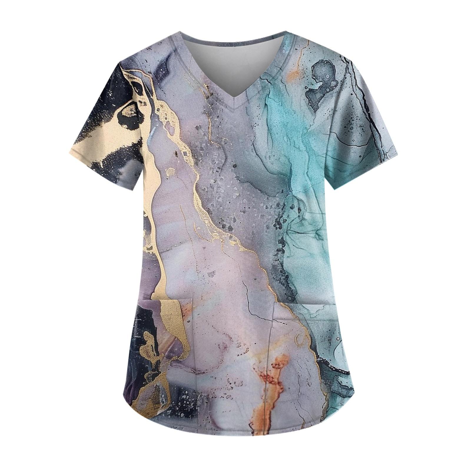 

Женская мода с v-образным вырезом, короткими рукавами и карманами, топы с принтом S