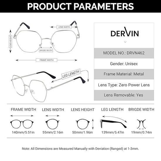 Dervin Clear Lens Hexagon Spectacle Frame for Men and Women (Large Size) - Pack Of 1