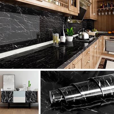 80cm PVC Waterpoof Washable Self-adhesive Vinyl Wallpaper Kitchen Countertop Decorative Adhesive Paper Furniture Black Marble