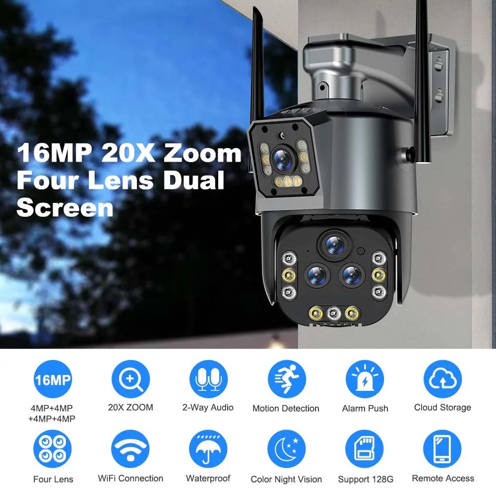 10K 20MP WiFi IP Camera 20X Zoom Four Lens Three Screen PTZ Cameras Outdoor 16MP 8K Video Surveillance Cam CCTV Security Camera