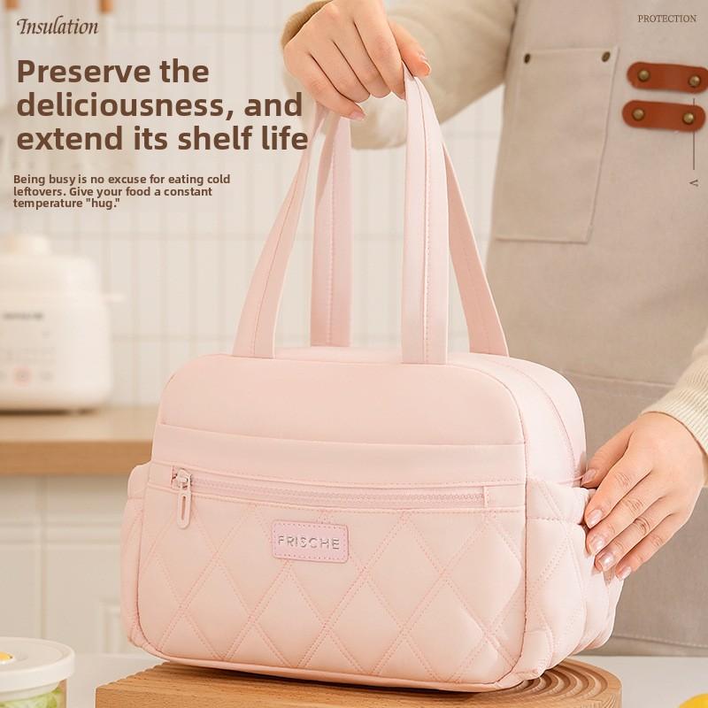 Quilted Insulated Lunch Bag Portable Thermal Food Tote Bag, Waterproof Reusable Bento Cooler Handbag for Office Workers Students Picnic Travel Food
