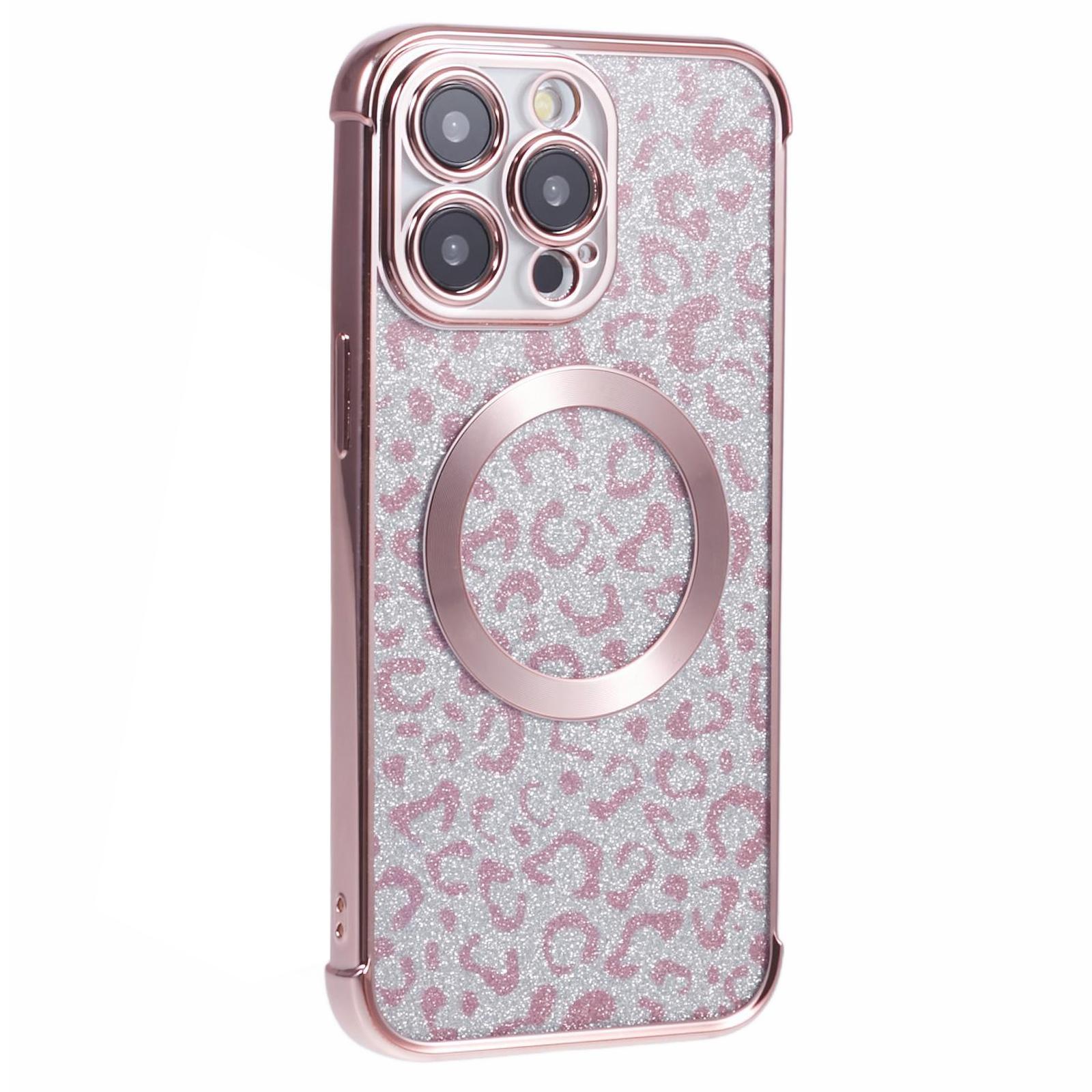 

HRF Series for iPhone 13 Pro Max Case Electroplating TPU Magnetic Phone Cover Leopard Pattern Pink
