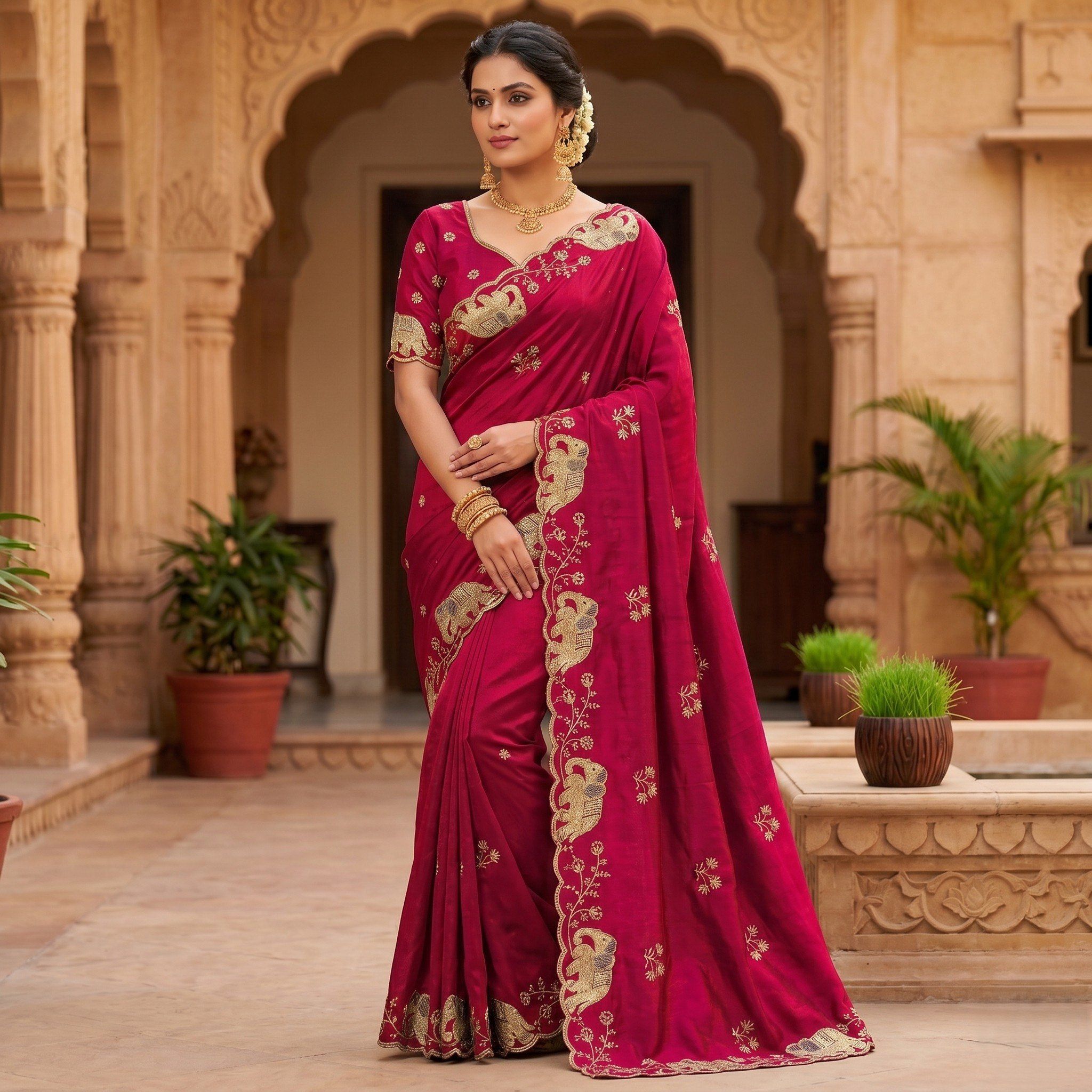 New Launch Party Wear Soft Space Silk Elephant Design Saree