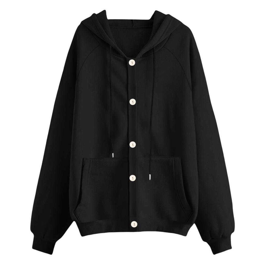 Women's Fashionable Loose Casual Cardigan Button Drawstring Hooded Sweatshirt