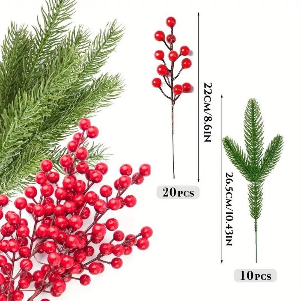 10Pcs Red Cherry Artificial Pine Branches Holly Berries Christmas Decoration Home Room Decor Wedding Decor New Year Wreath Gift