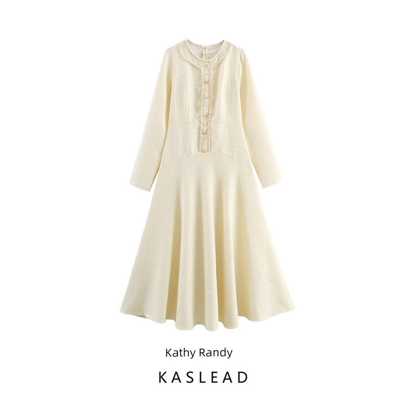Kaslead New Women Clothes Western Style Fashion Simple Temperament Round Neck Rove Long Sleeve Dress