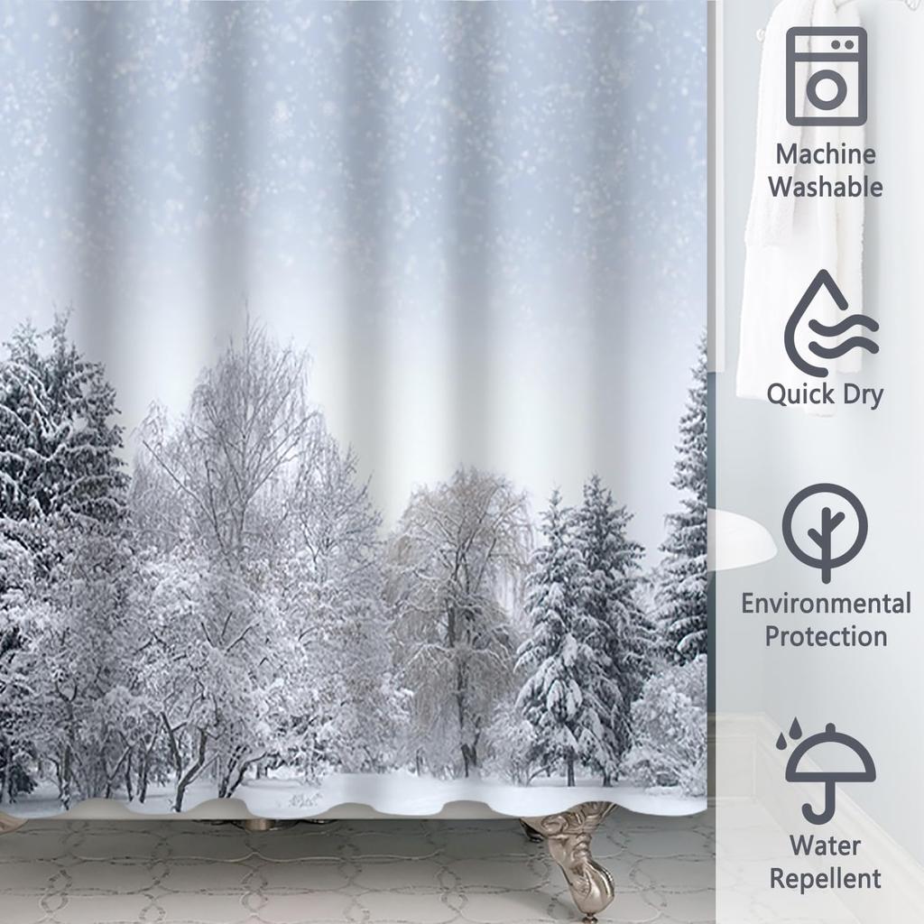 Shower Curtain Winter Snowy Forest Trees Landscape Christmas Holiday Bath Decor Waterproof Fabric Seasonal Design Home Interior