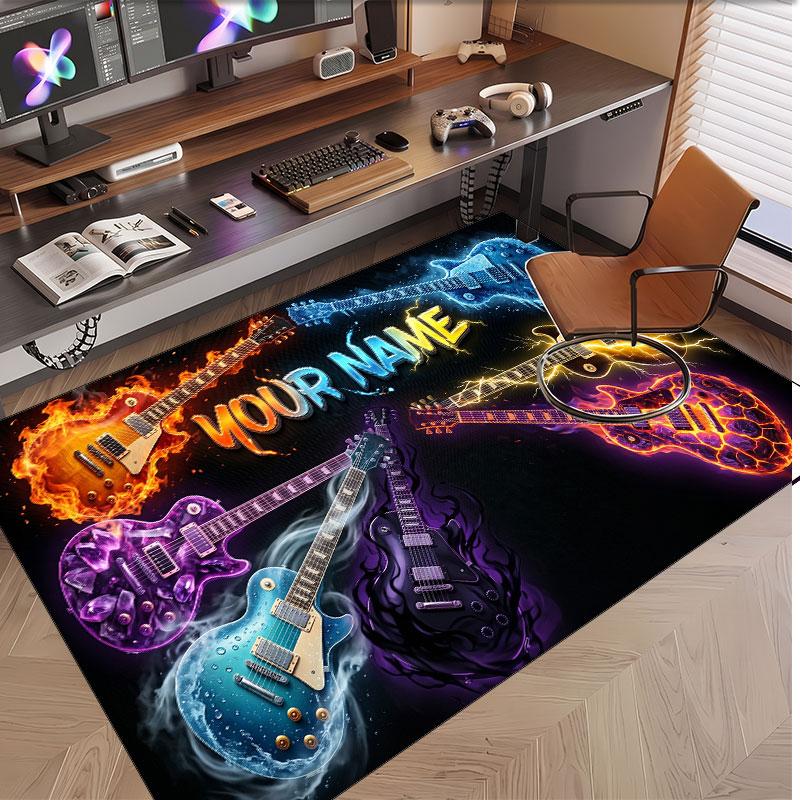 Music Guitar Theme Soft Crystal Velvet Rug Custom Name & Text Print Non Slip Floor Rug for Bedroom Living Room