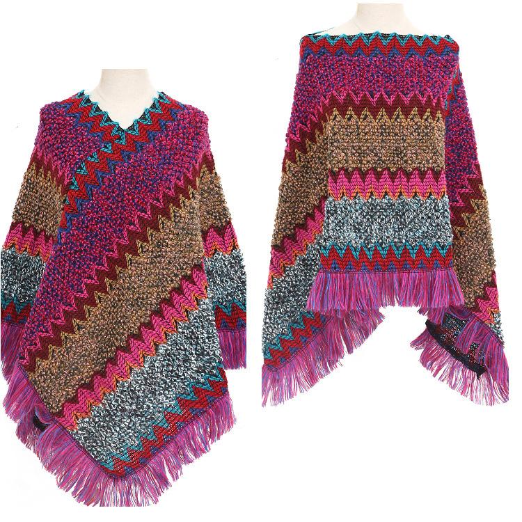 Dámský pulovr s cikcakovým úpletem a třásněmi, šál, podzimní hippie měkký háčkovaný šál, asymetrická šála