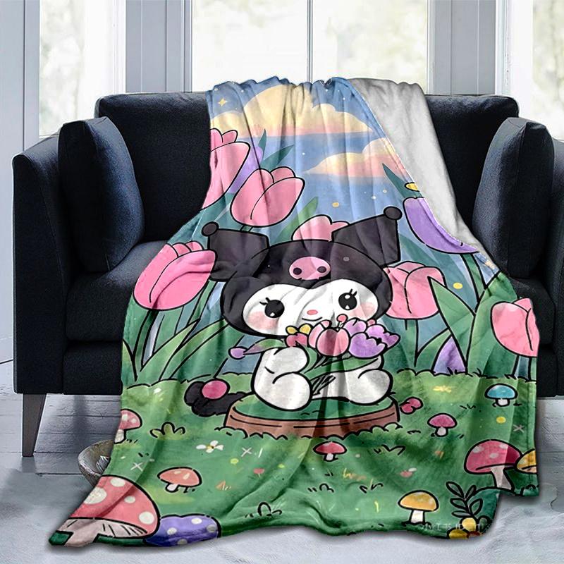 1pc Floral Adventure Kuromi Blanket, Soft Throw for Room Decor, Perfect Gift for Family and Friend, Living Room, Travel, Camping, Car Blankets, Beach,