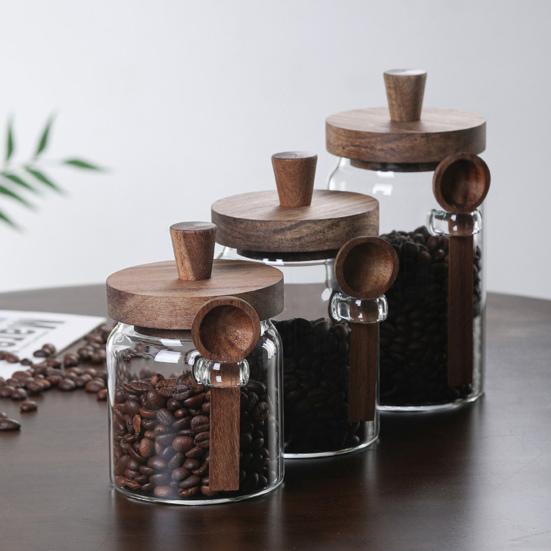 Glass Airtight Canister Sealed Jar with Wooden Spoon Transparent Food Storage Jar for Spice Coffee Beans Kitchen Pantry Supplies
