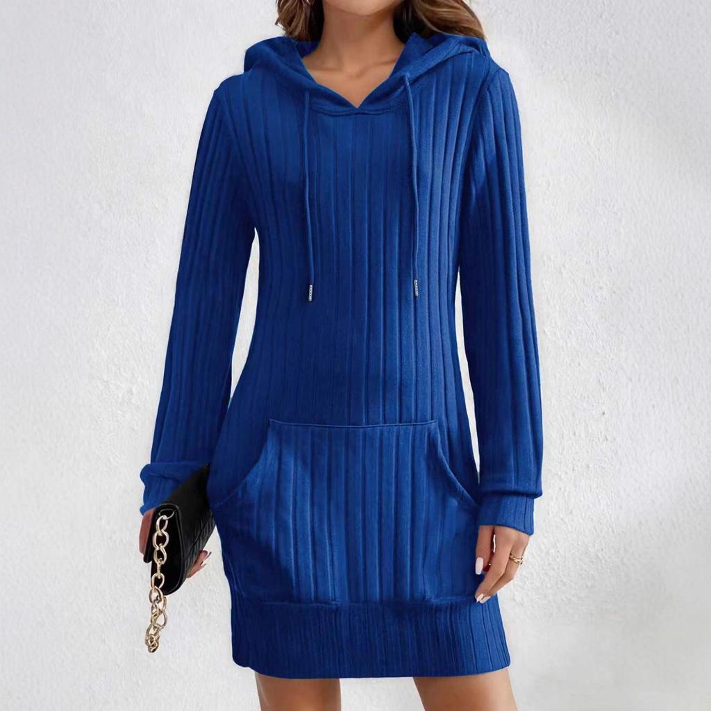 2025 Autumn/Winter Knit Hooded Ribbed Pocket Long Sleeve Dress for Women