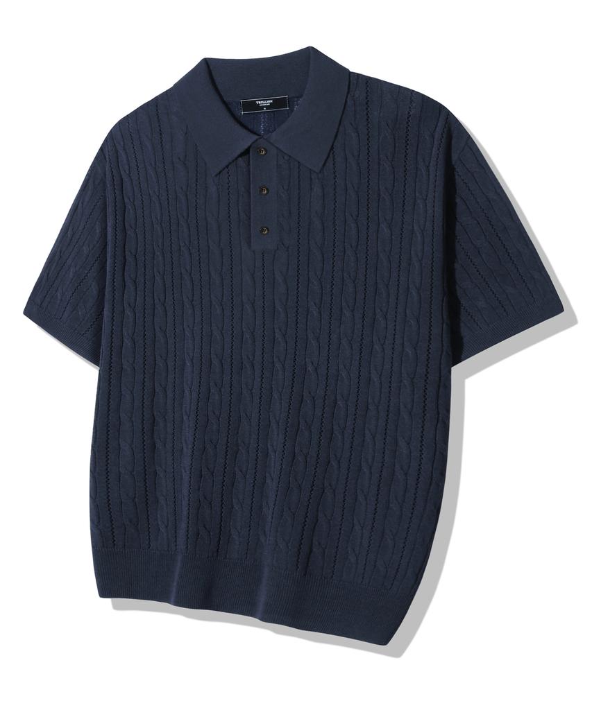 TRILLION Washable Resort Cable Collar Short Sleeve Knit_Navy