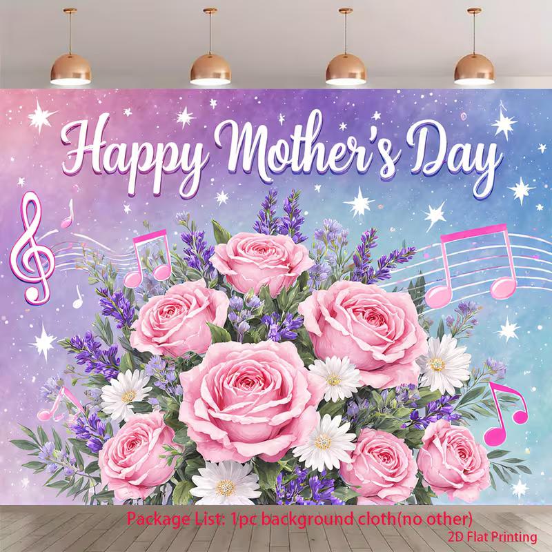 

2D Music Note Mother s Day Backdrop Dreamy Sparkle Background with Pink Roses & Lavender 47.2x31.5inch/120*80cm