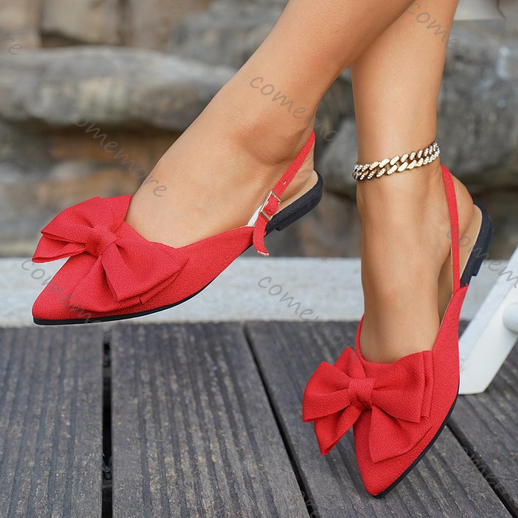 Fashion Comemore Summer Flat Bow Baotou Sandals 2025 Summer New Large Size Pointed Toe Back Empty Casual Women Shoes Solid Suede Sandal
