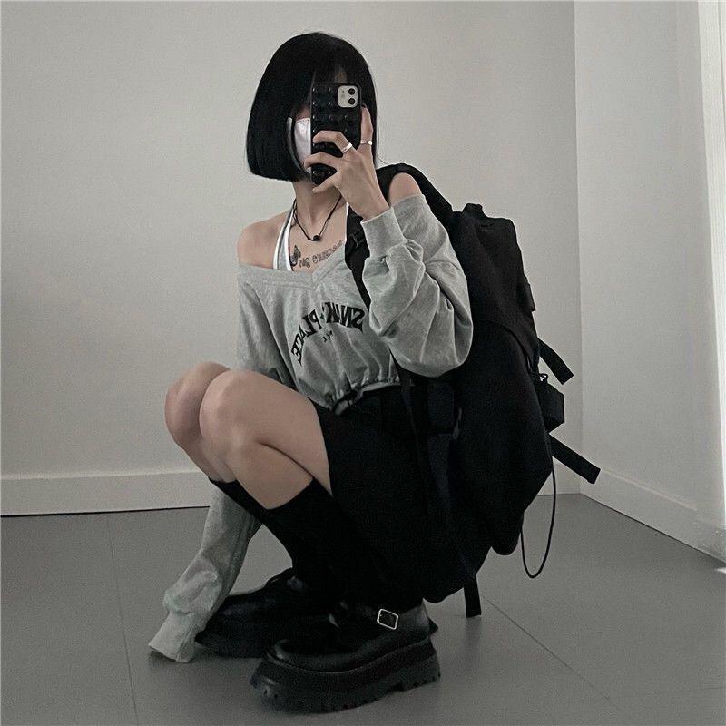 Korean Spring One-Shoulder Two-Piece: Long Sleeve Sweater & Navel-Length Halter Top