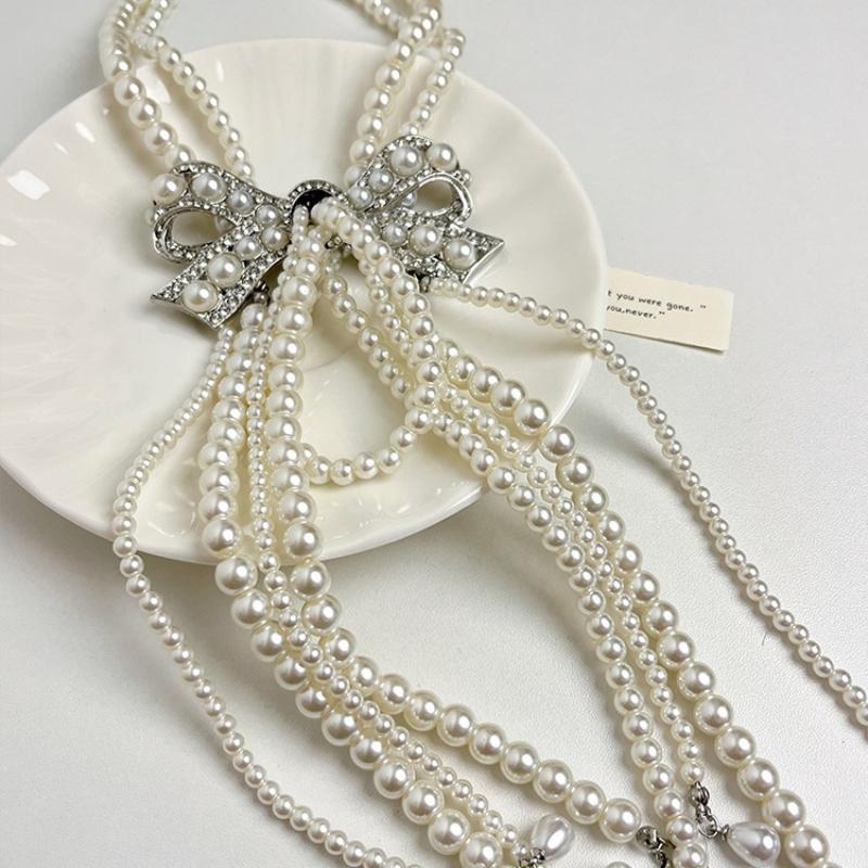 Light Luxury High-End Full Diamond Bow Pearl Tassel Necklace Banquet Runway Dress Accessories For Women Gift