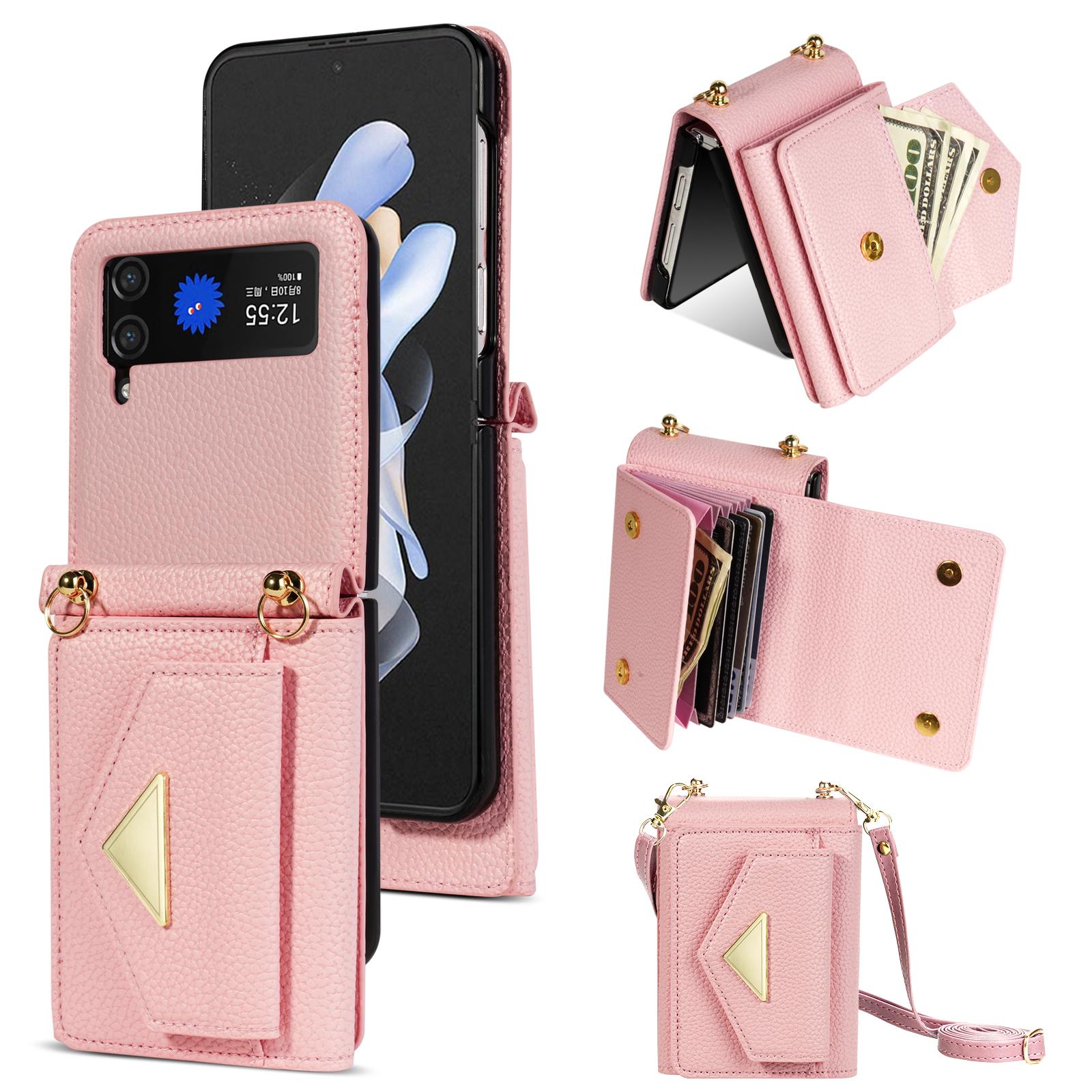 

Lanyard Leather Zipper Wallet Card Slot Phone Case for Samsung Galaxy Z Flip 6 5 4 3 Lanyard Purse Bag Flip Stand Cover Back Bag Samsung Z Flip 6 рожевий
