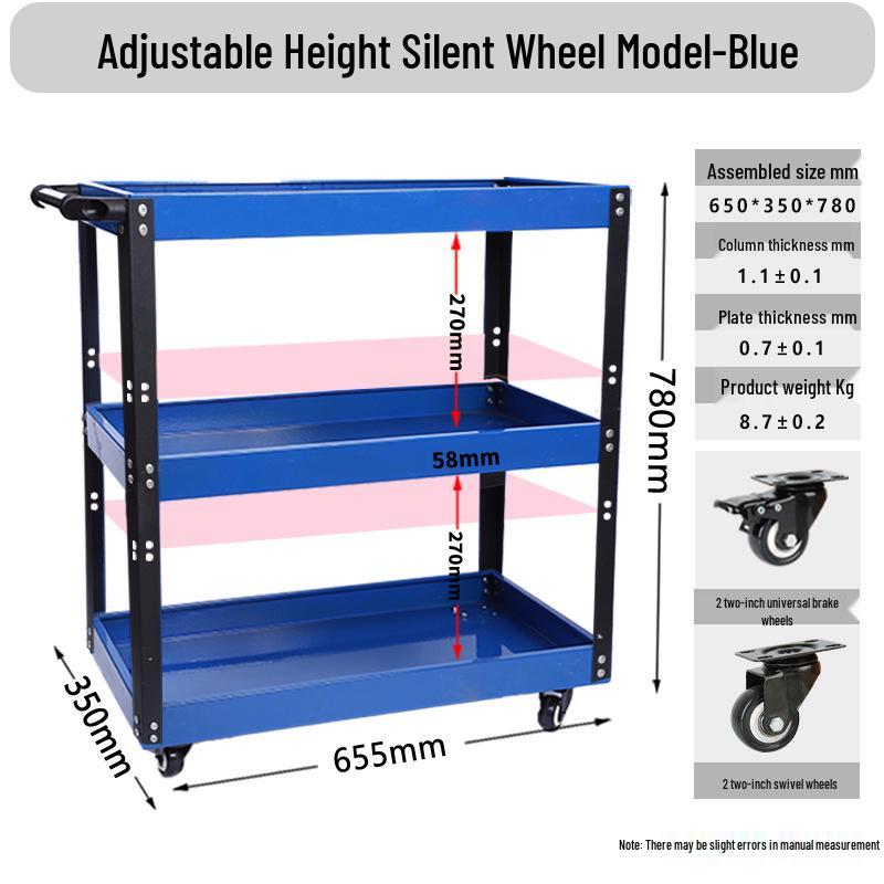 Adjustable 3-Tier Hand-Push Tool Cart for Auto Repair - Multi-Functional Mobile Workshop Storage.
