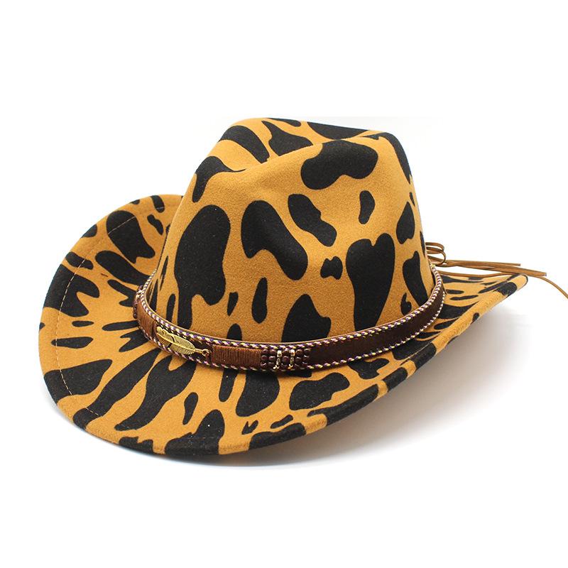 Retro Ethnic Style Wool Cow Pattern Big Eaves Wide Edge Protection Warm Western Cowboy Top Hat Men'S And Women'S Style