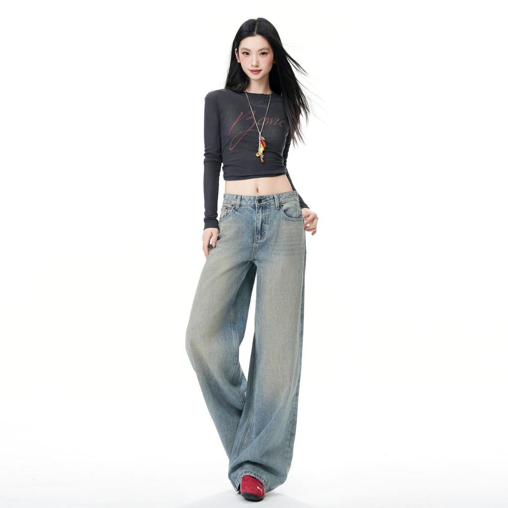 Spring Vintage Washed Craft Relax Straight Wide Leg Denim Pants For Ladies Casual Pants Oversize Denim Trousers