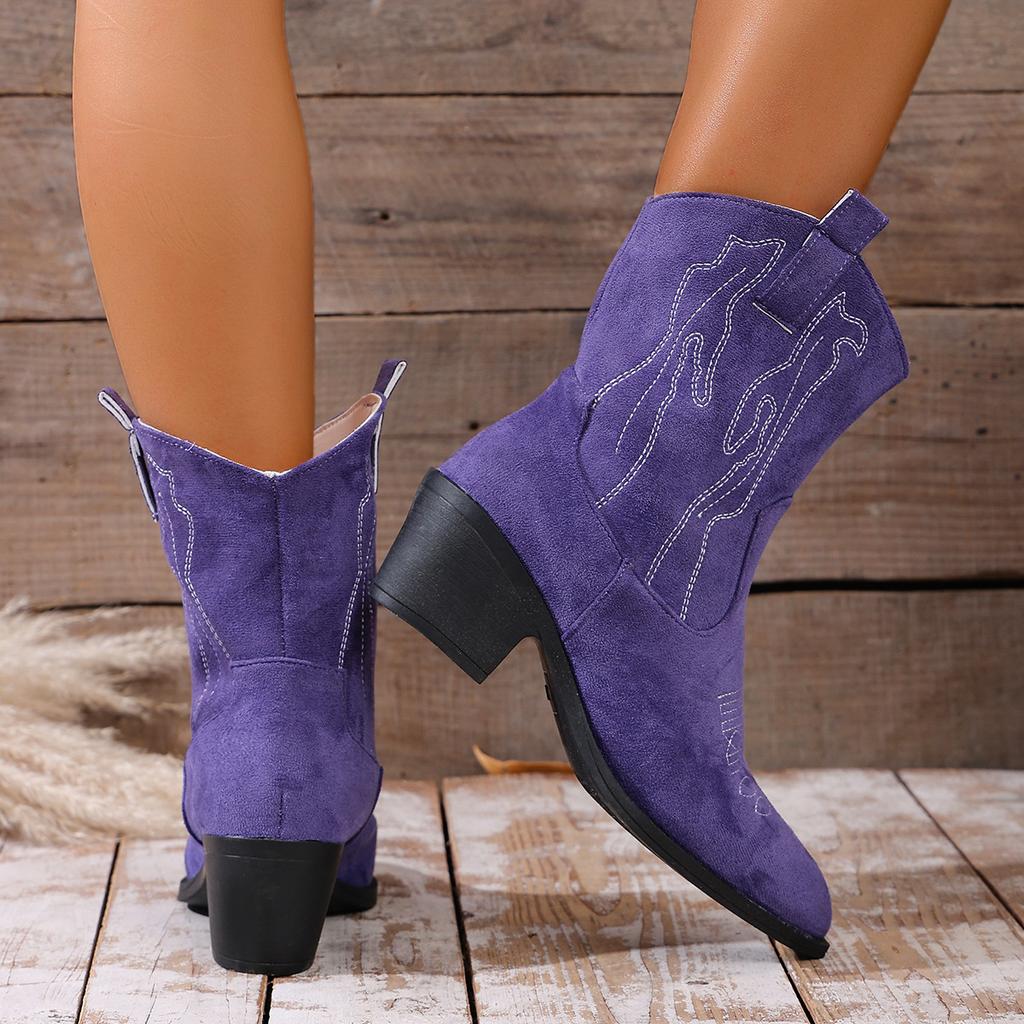 2025 new short western cowboy boots suede thick heel pointed V mouth thin British style retro short boots