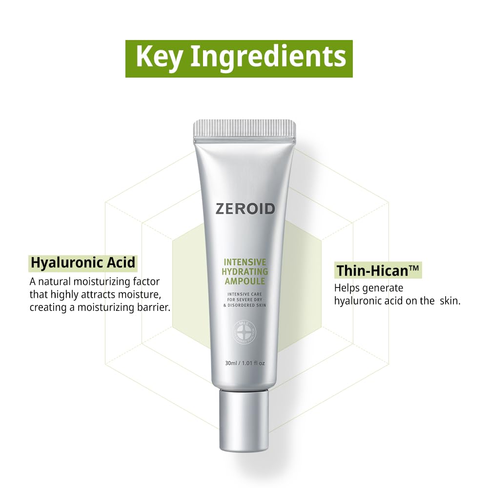 ZEROID Intensive Hydrating Ampoule | For very dry and sensitive skin, highly moisturizing serum with hyaluronic acid, fragrance-free, mild, 30ml