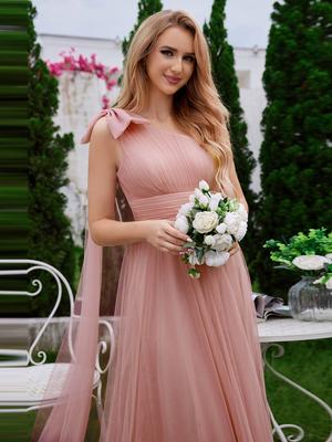 Ever-Pretty Women's Elegant Asymmetric Shoulder Bowknot Streamer Pleated High Waisted Wedding Guest Dress Tulle Bridesmaid Dress