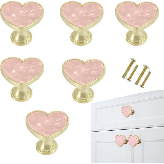 6 Pcs Brass Heart-Shaped Gold Cabinet Knobs, Suitable for Bathroom & Kitchen Drawer Pulls