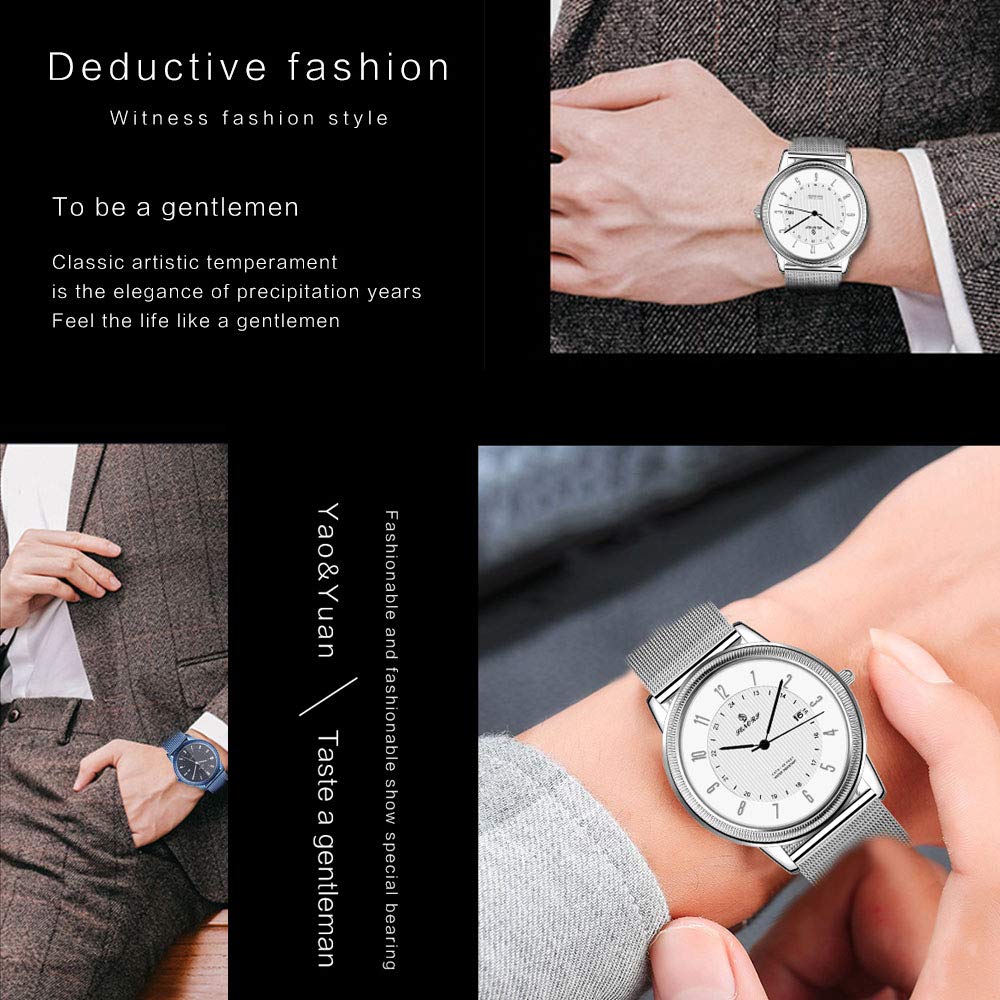 Herrenuhr, Ultra-dünn, Klassisch, Schlicht, Schwarzes Edelstahl, Mode, Freizeit, mit Kalender, Wasserdicht, Mailänder Stil (blau)