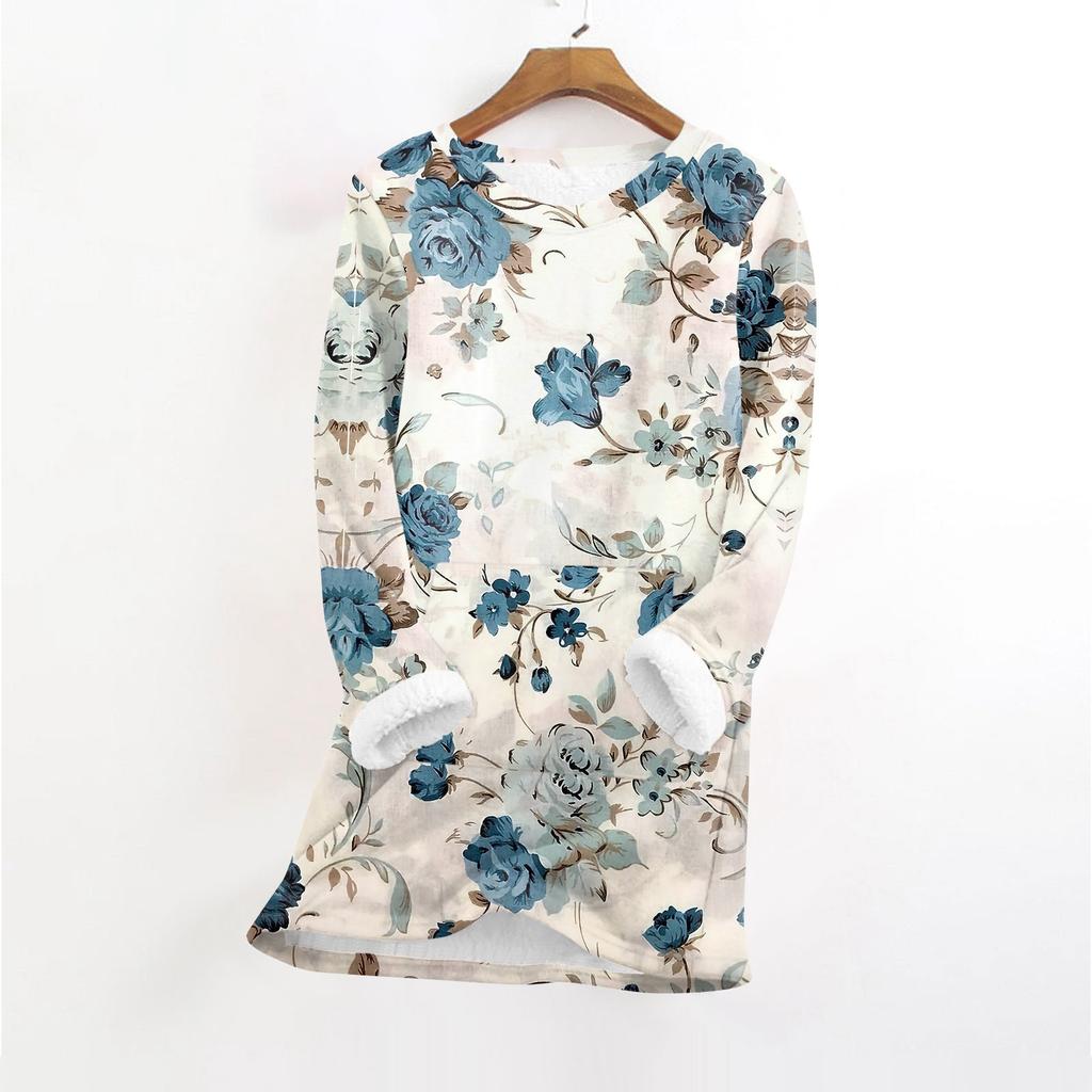 Women's Fashionable Printed Round Neck Long Sleeved Plush Warm Pullover Top