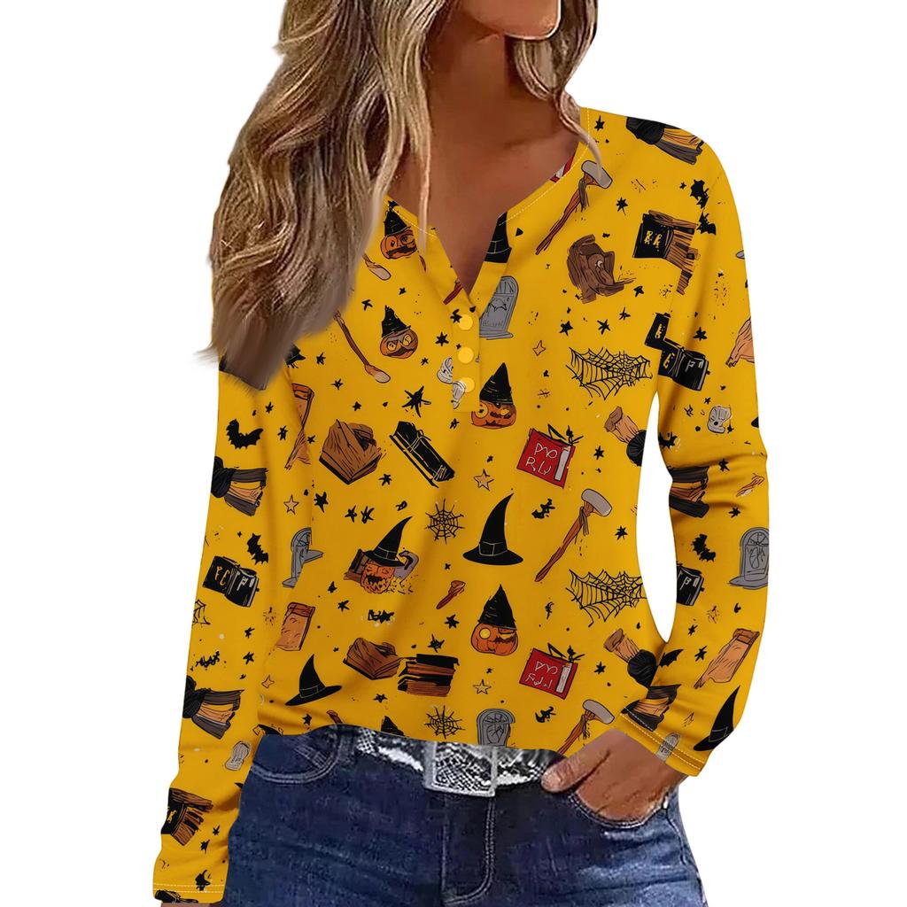Women's Casual Long Sleeve T-Shirt with Halloween Print V-Neck Button for Parties